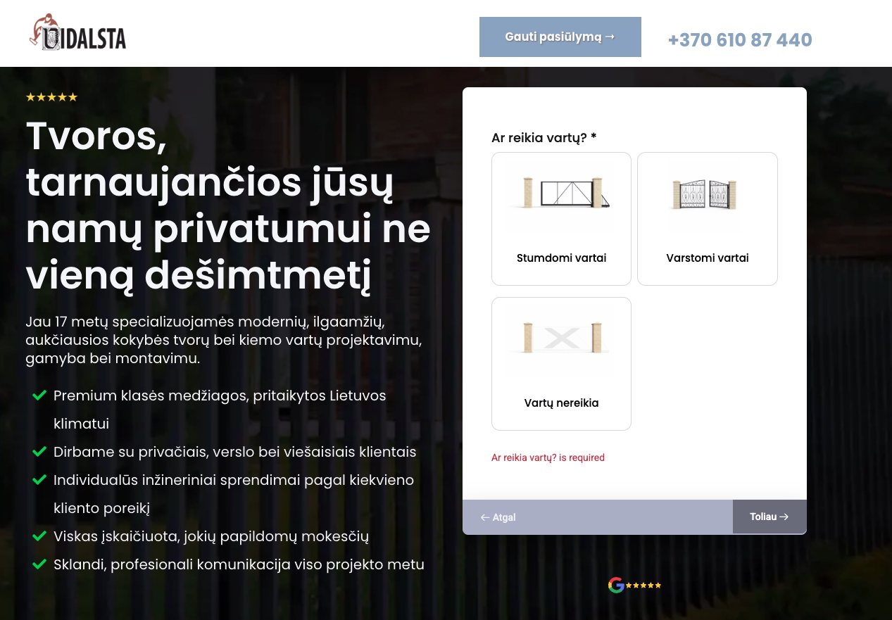 A step of the Vidalsta quiz (“Do you need gates?”) on the live page